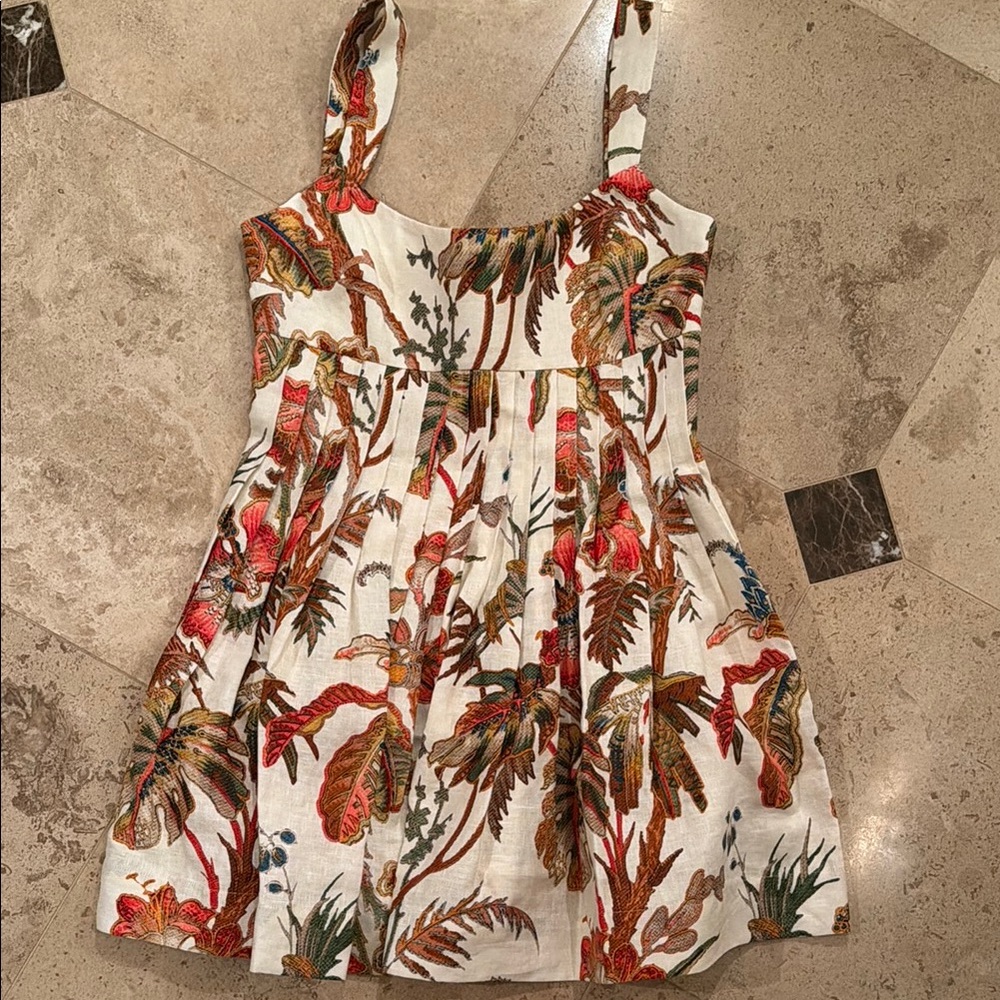 Floral Sleeveless Cotton Sundress in Ivory with Multicolor Tropical Print